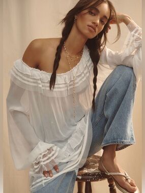 Anthropologie Romantic White Sheer Ruffle Ribbon Blouse Size Large New With Tags